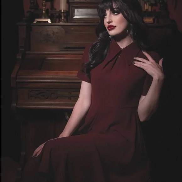 Burgundy Lively Ghosts Overlook A-Line Midi Dress - Picture 9 of 13